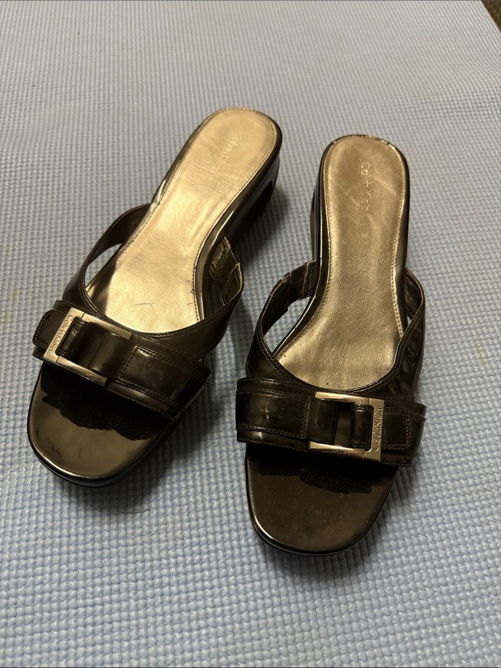 Coach Black Patent Leather Mule Slides with Silver Buckle
